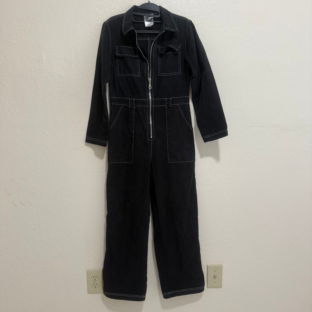 The Ragged Priest Blk Utility Jumpsuit Long Sleeve Zip Front Contrast Stitch XS